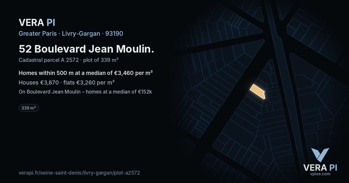 52 Boulevard Jean Moulin, Livry-Gargan at night – the plot lit, the parcels around coloured by the prices near them