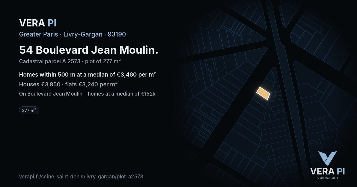54 Boulevard Jean Moulin, Livry-Gargan at night – the plot lit, the parcels around coloured by the prices near them