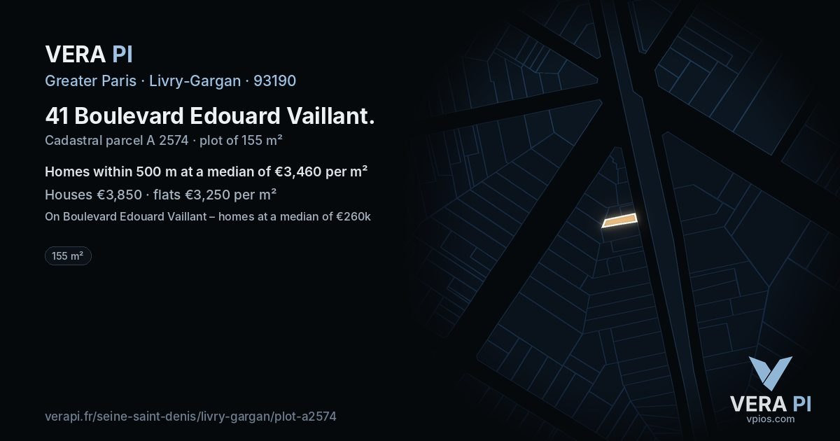 41 Boulevard Edouard Vaillant, Livry-Gargan at night – the plot lit, the parcels around coloured by the prices near them