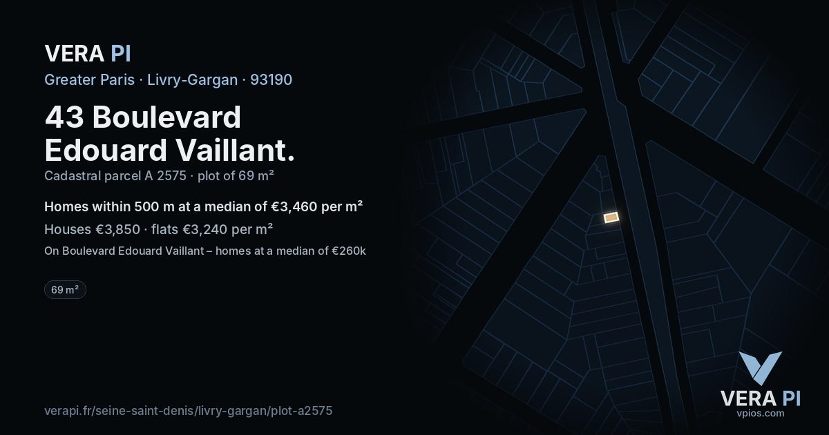 43 Boulevard Edouard Vaillant, Livry-Gargan at night – the plot lit, the parcels around coloured by the prices near them