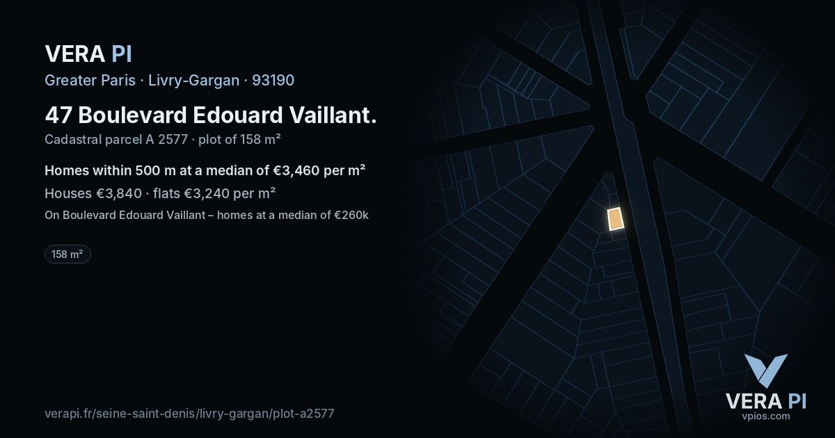 47 Boulevard Edouard Vaillant, Livry-Gargan at night – the plot lit, the parcels around coloured by the prices near them