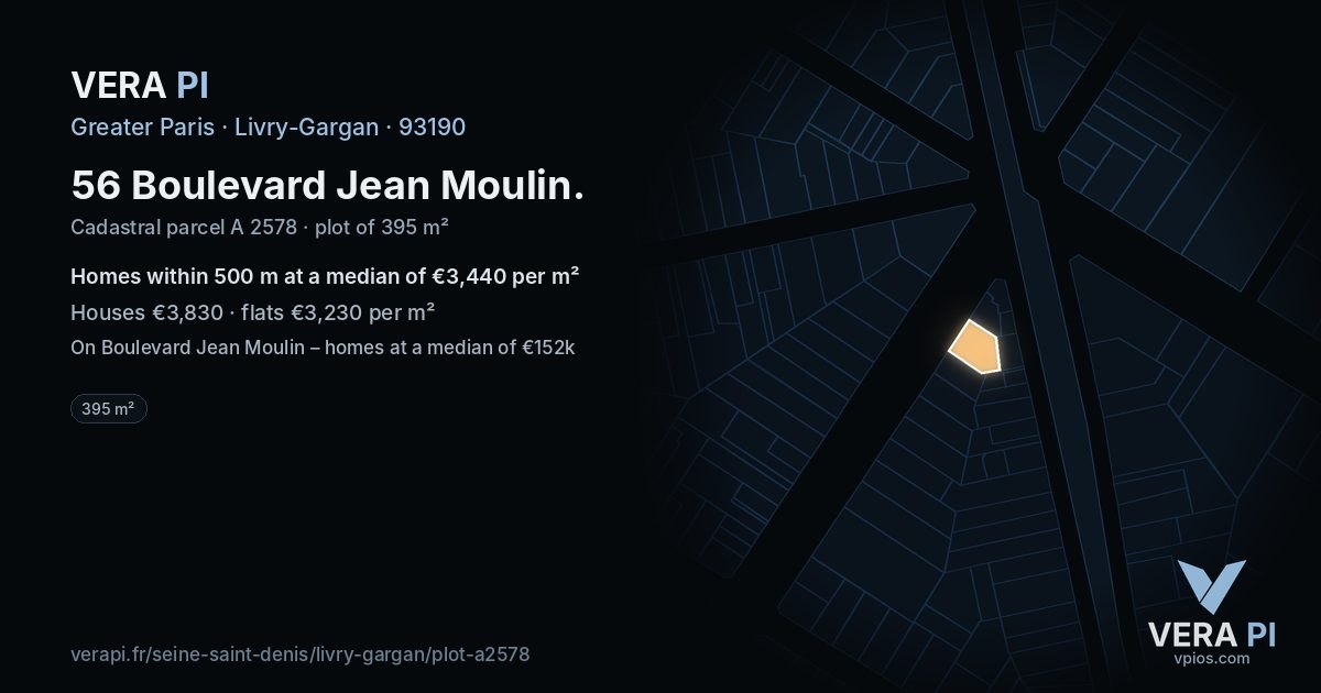 56 Boulevard Jean Moulin, Livry-Gargan at night – the plot lit, the parcels around coloured by the prices near them