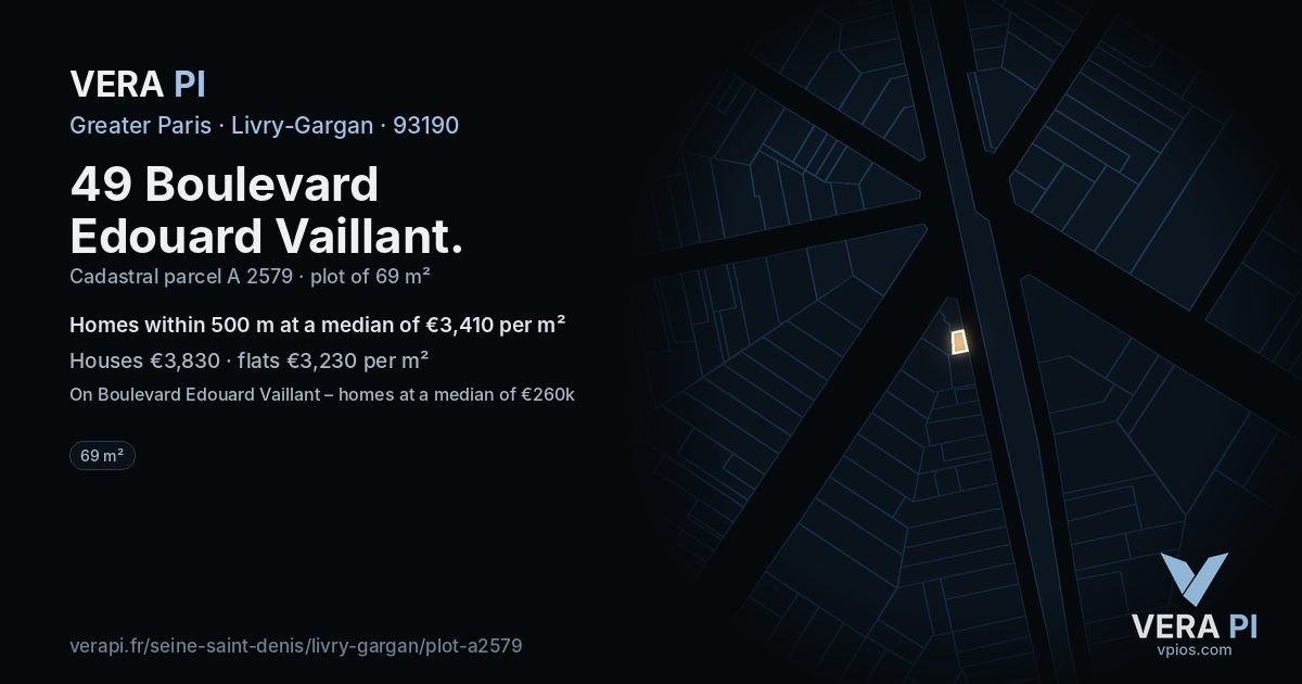 49 Boulevard Edouard Vaillant, Livry-Gargan at night – the plot lit, the parcels around coloured by the prices near them