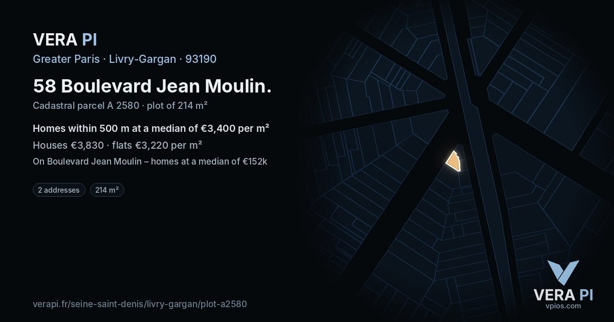 58 Boulevard Jean Moulin, Livry-Gargan at night – the plot lit, the parcels around coloured by the prices near them