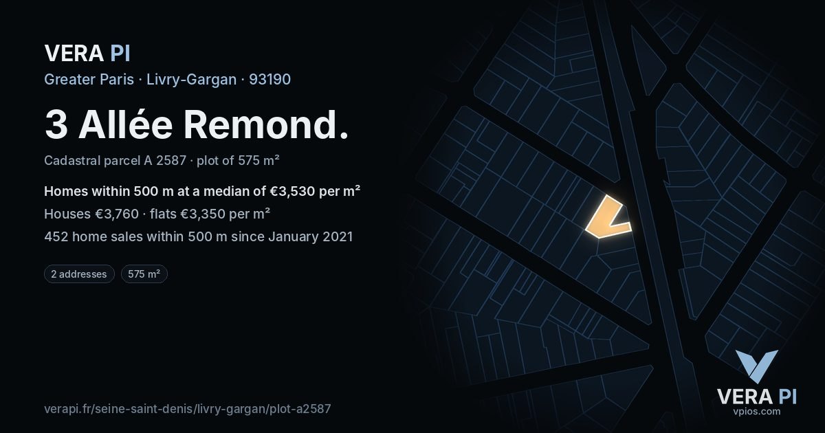 3 Allée Remond, Livry-Gargan at night – the plot lit, the parcels around coloured by the prices near them