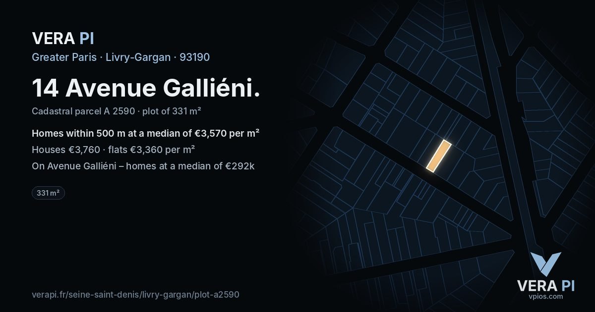 14 Avenue Galliéni, Livry-Gargan at night – the plot lit, the parcels around coloured by the prices near them