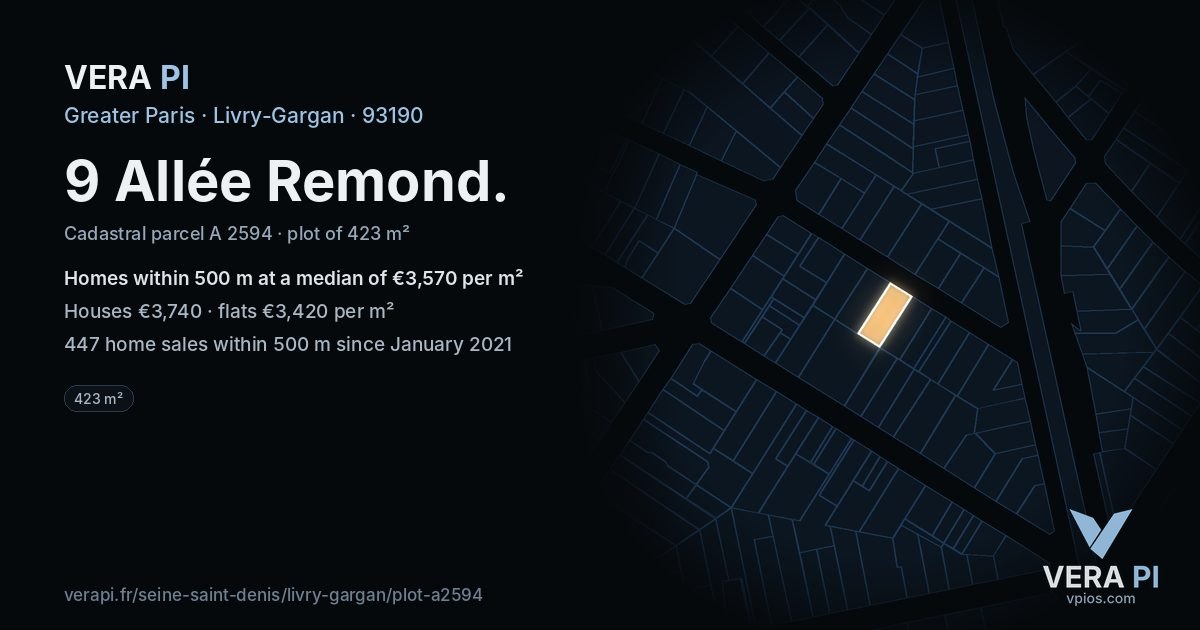 9 Allée Remond, Livry-Gargan at night – the plot lit, the parcels around coloured by the prices near them