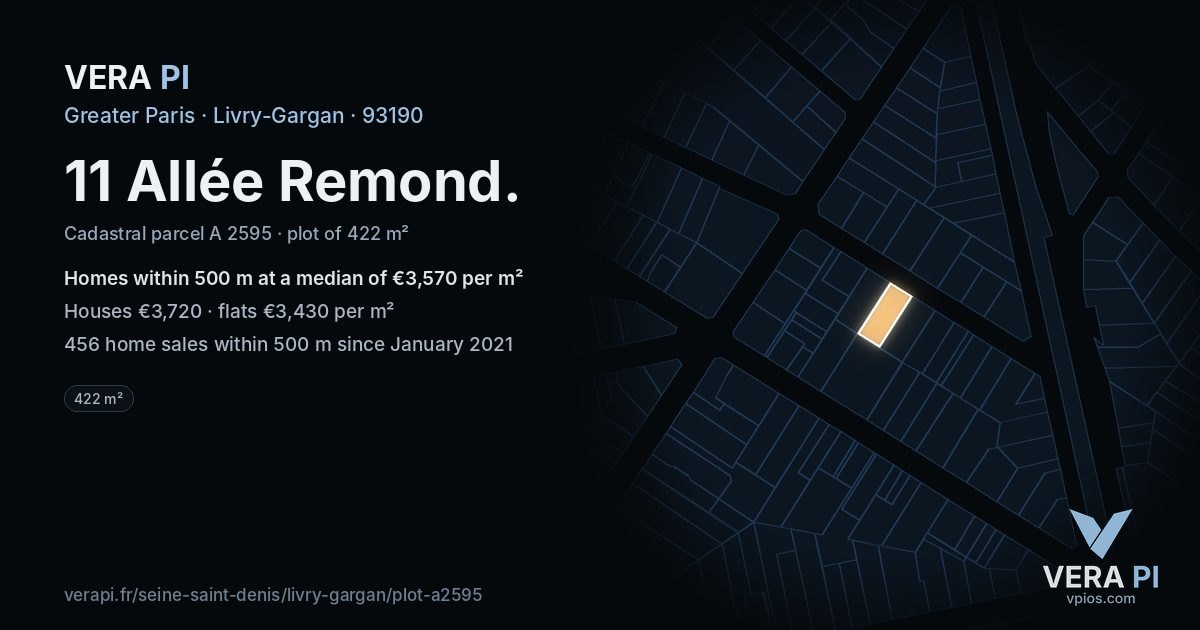 11 Allée Remond, Livry-Gargan at night – the plot lit, the parcels around coloured by the prices near them