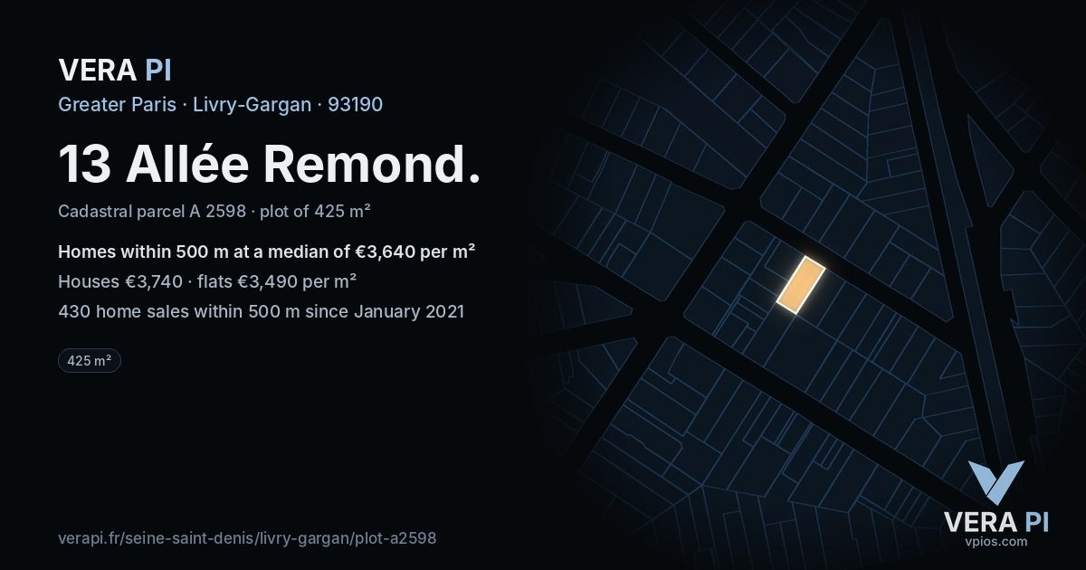 13 Allée Remond, Livry-Gargan at night – the plot lit, the parcels around coloured by the prices near them