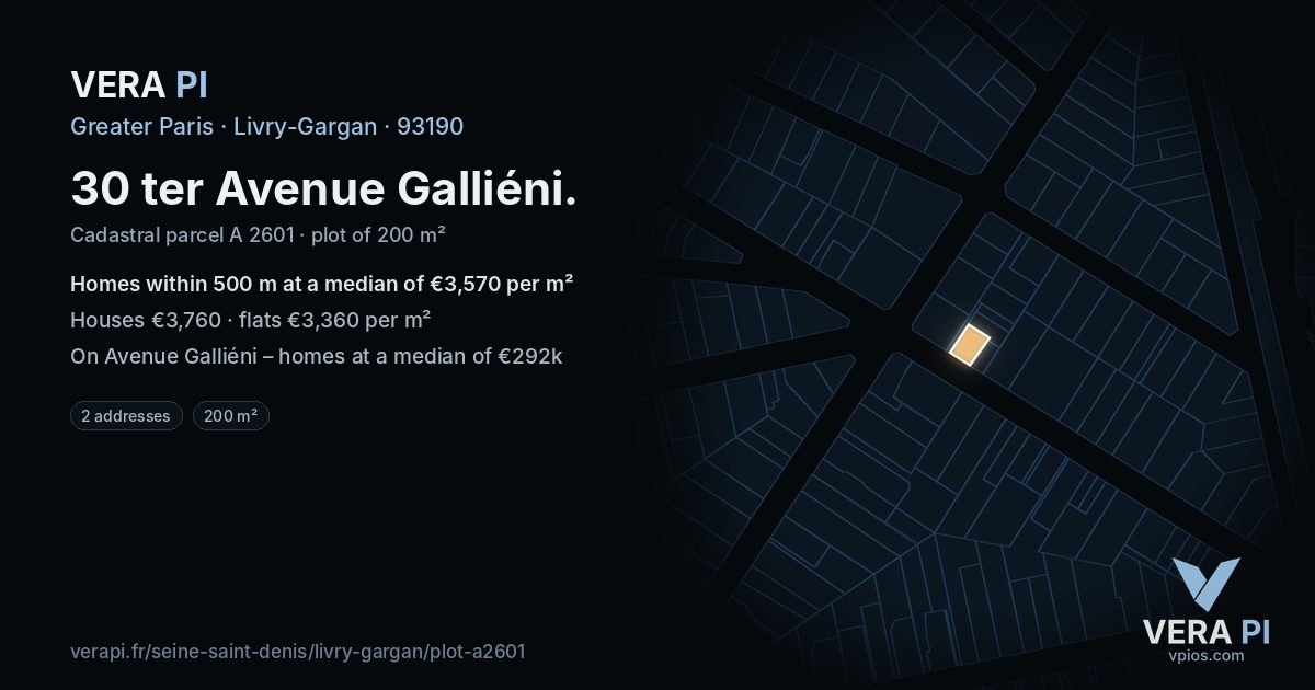 30 ter Avenue Galliéni, Livry-Gargan at night – the plot lit, the parcels around coloured by the prices near them