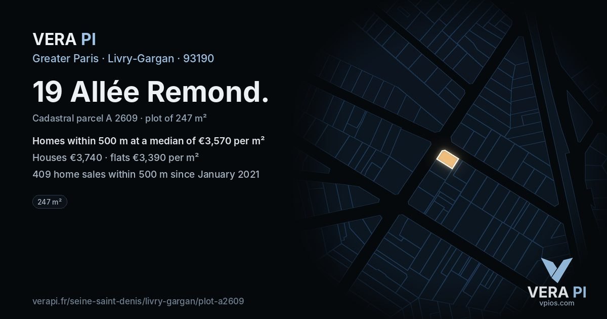 19 Allée Remond, Livry-Gargan at night – the plot lit, the parcels around coloured by the prices near them