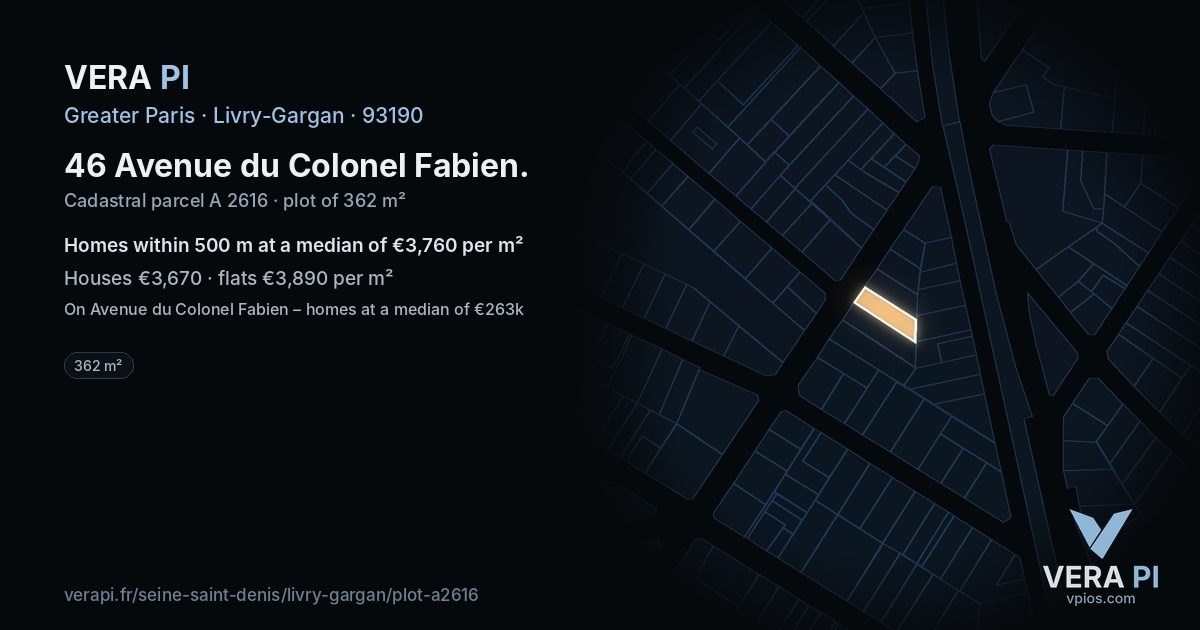 46 Avenue du Colonel Fabien, Livry-Gargan at night – the plot lit, the parcels around coloured by the prices near them
