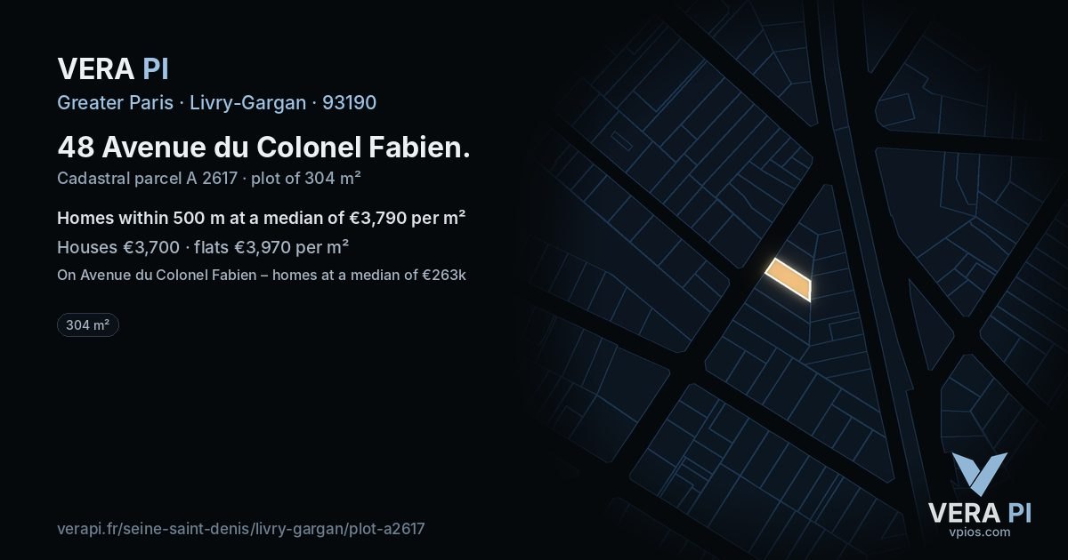 48 Avenue du Colonel Fabien, Livry-Gargan at night – the plot lit, the parcels around coloured by the prices near them