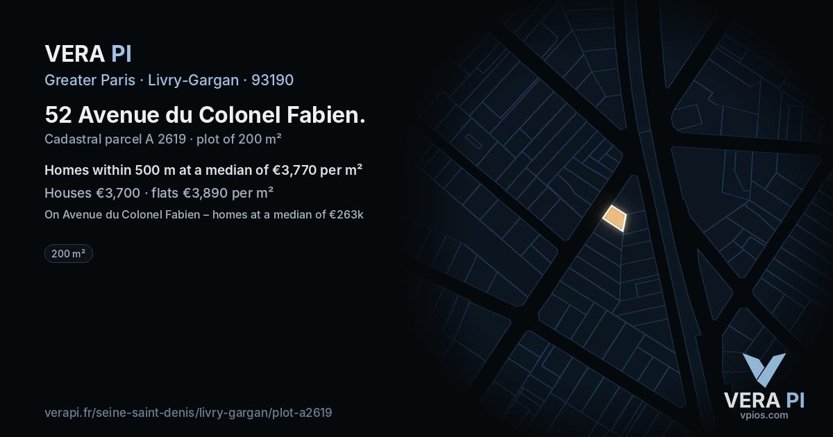 52 Avenue du Colonel Fabien, Livry-Gargan at night – the plot lit, the parcels around coloured by the prices near them