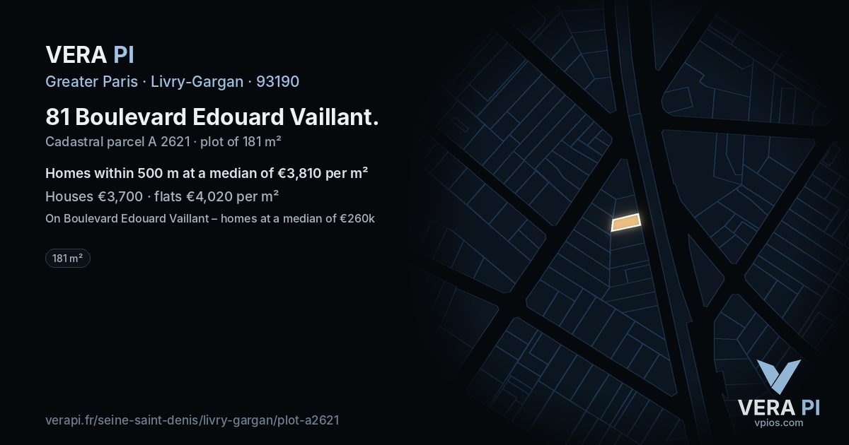 81 Boulevard Edouard Vaillant, Livry-Gargan at night – the plot lit, the parcels around coloured by the prices near them