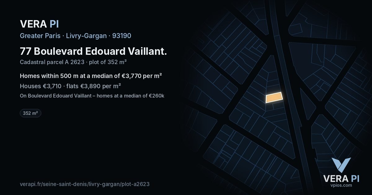 77 Boulevard Edouard Vaillant, Livry-Gargan at night – the plot lit, the parcels around coloured by the prices near them