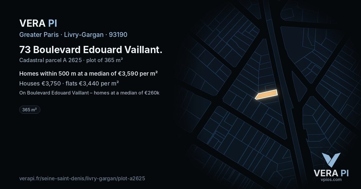 73 Boulevard Edouard Vaillant, Livry-Gargan at night – the plot lit, the parcels around coloured by the prices near them