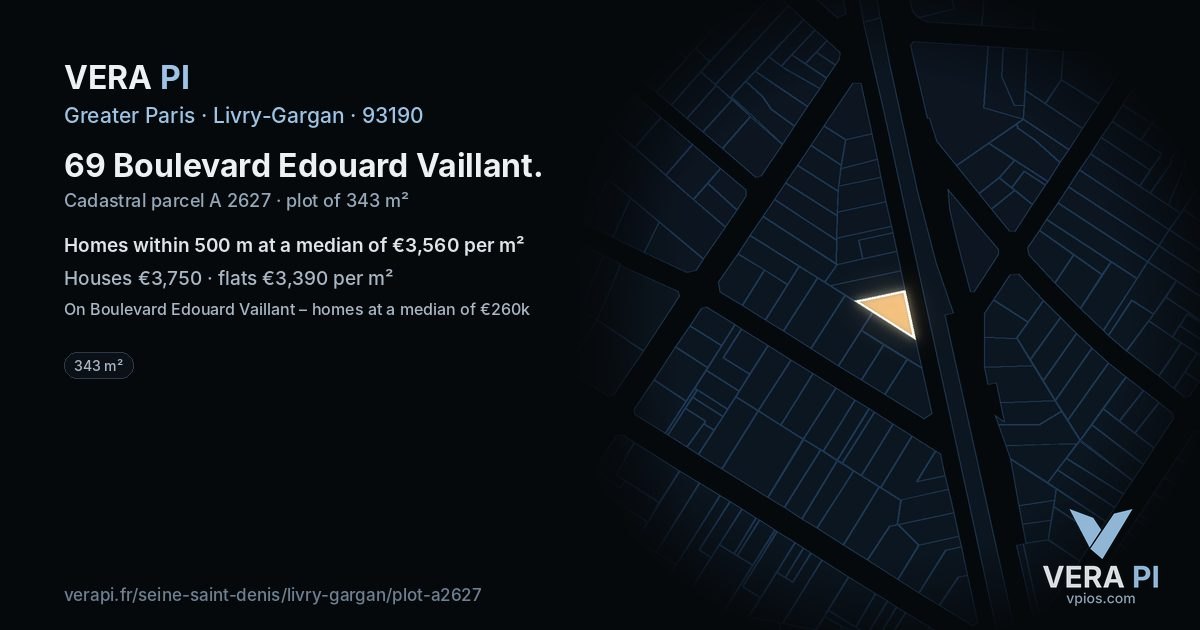 69 Boulevard Edouard Vaillant, Livry-Gargan at night – the plot lit, the parcels around coloured by the prices near them