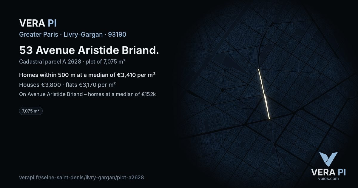 53 Avenue Aristide Briand, Livry-Gargan at night – the plot lit, the parcels around coloured by the prices near them