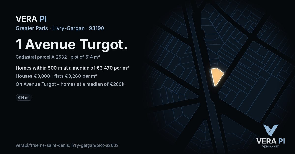 1 Avenue Turgot, Livry-Gargan at night – the plot lit, the parcels around coloured by the prices near them