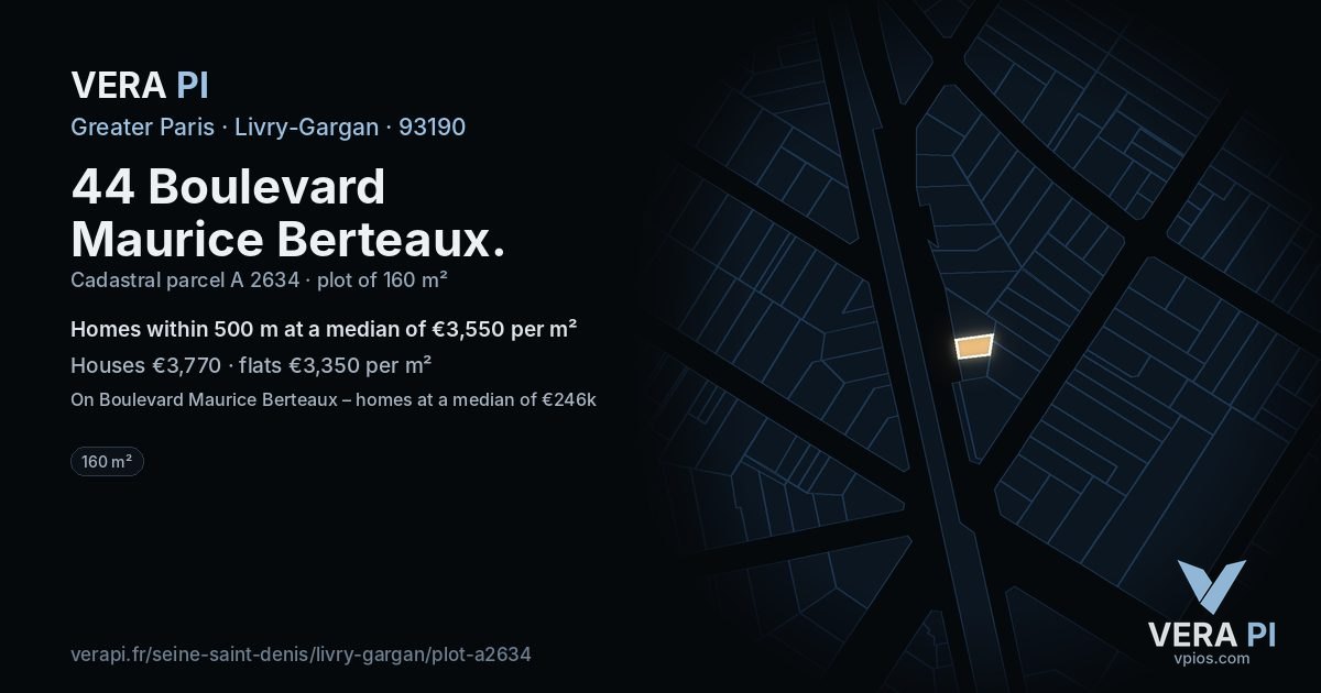 44 Boulevard Maurice Berteaux, Livry-Gargan at night – the plot lit, the parcels around coloured by the prices near them