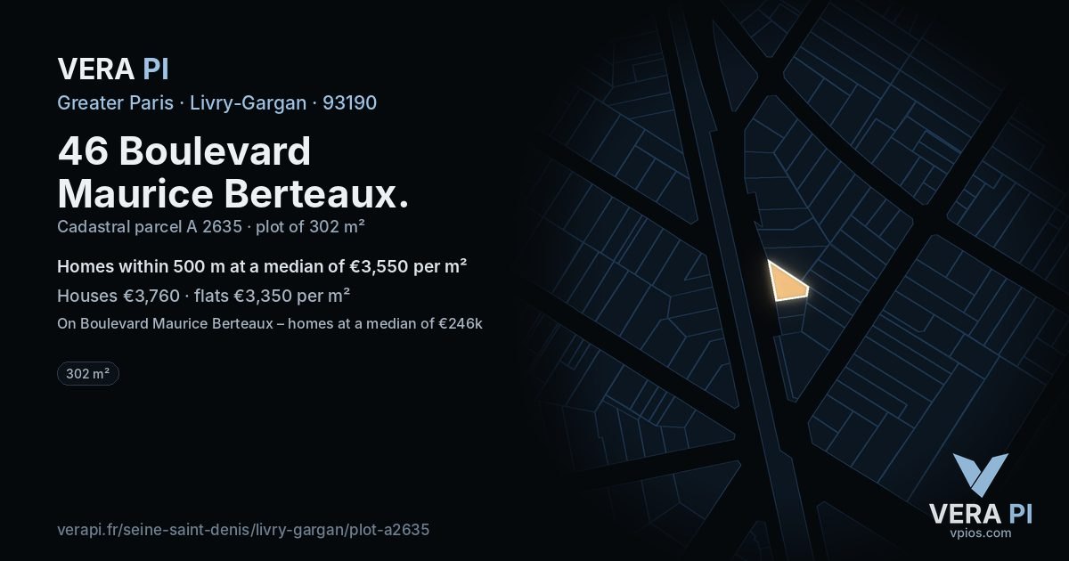 46 Boulevard Maurice Berteaux, Livry-Gargan at night – the plot lit, the parcels around coloured by the prices near them