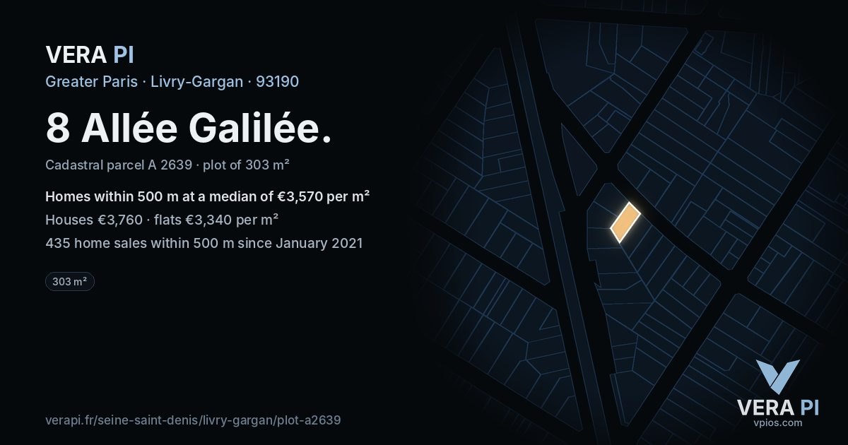 8 Allée Galilée, Livry-Gargan at night – the plot lit, the parcels around coloured by the prices near them