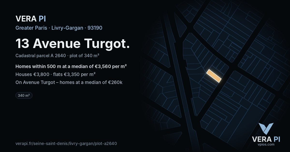 13 Avenue Turgot, Livry-Gargan at night – the plot lit, the parcels around coloured by the prices near them
