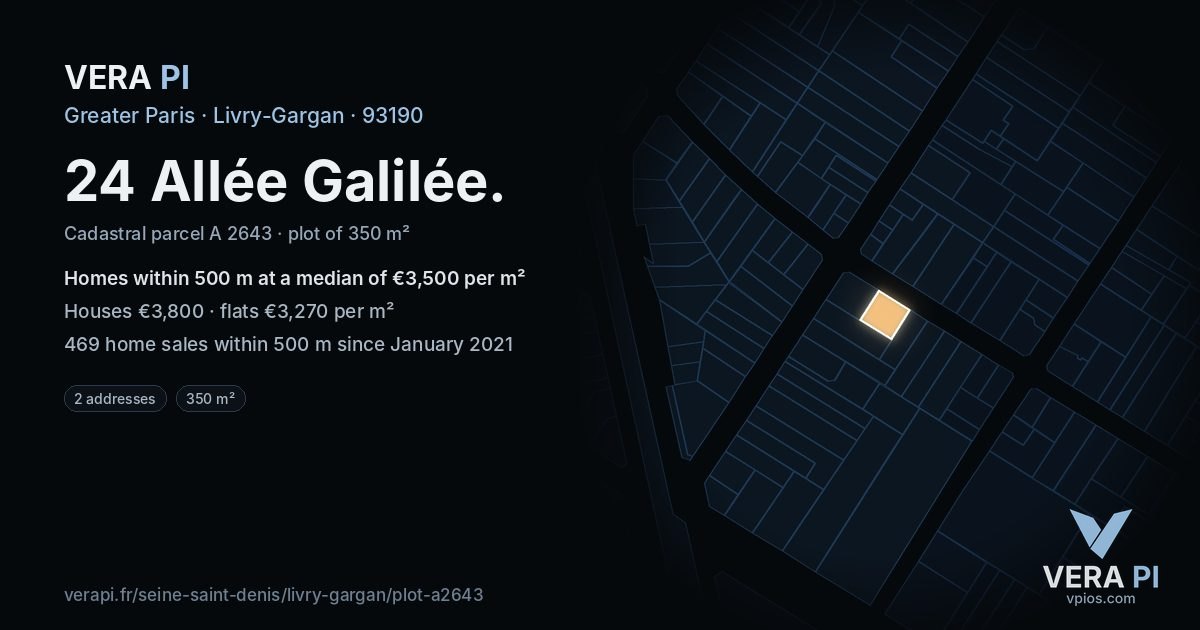 24 Allée Galilée, Livry-Gargan at night – the plot lit, the parcels around coloured by the prices near them