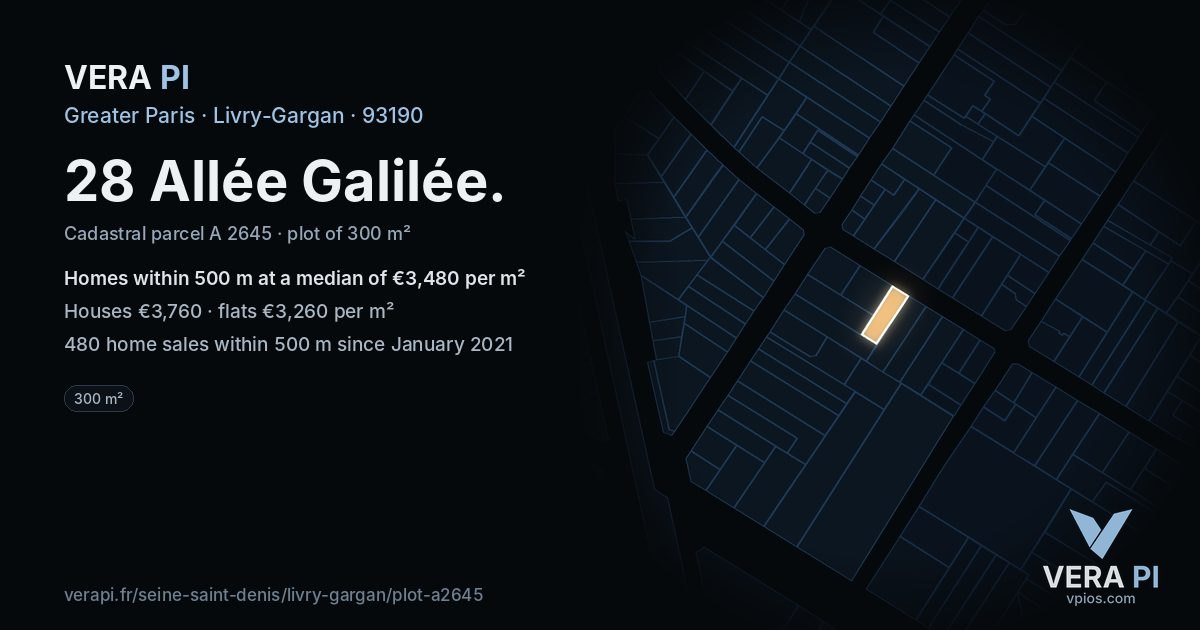 28 Allée Galilée, Livry-Gargan at night – the plot lit, the parcels around coloured by the prices near them
