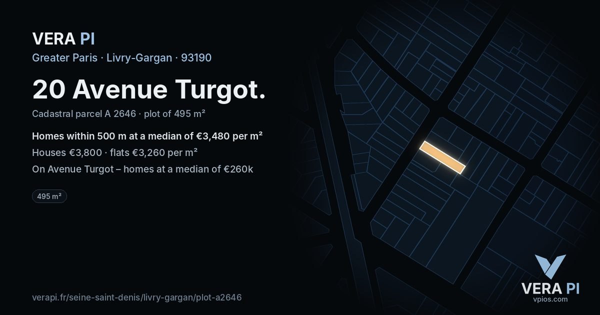 20 Avenue Turgot, Livry-Gargan at night – the plot lit, the parcels around coloured by the prices near them