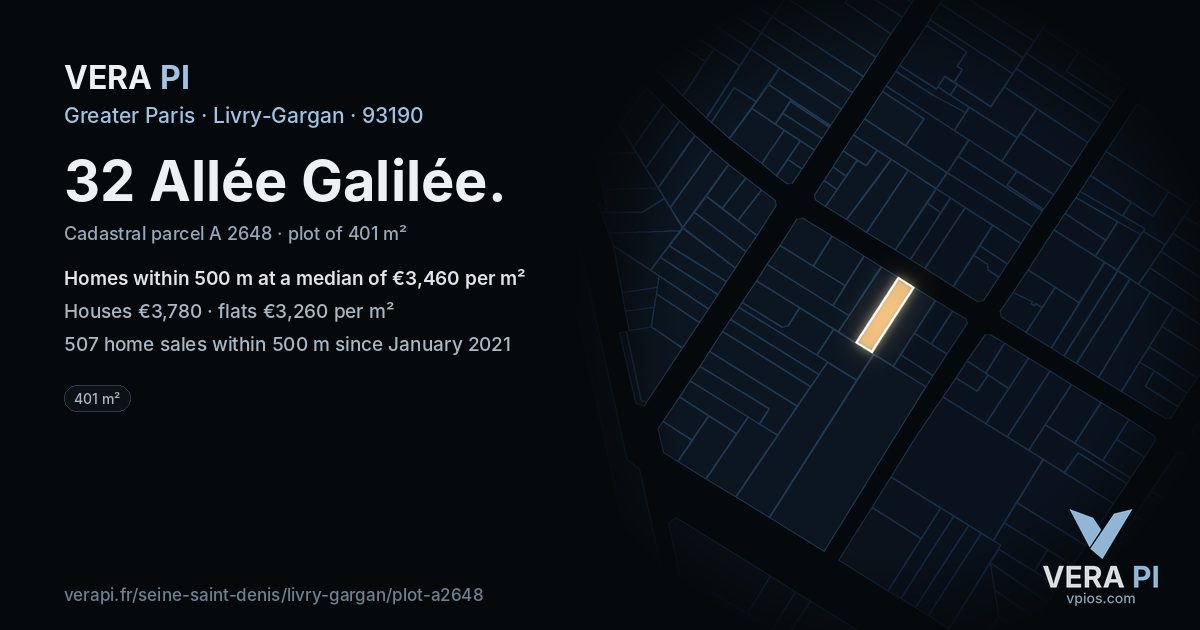 32 Allée Galilée, Livry-Gargan at night – the plot lit, the parcels around coloured by the prices near them