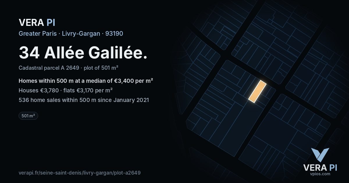 34 Allée Galilée, Livry-Gargan at night – the plot lit, the parcels around coloured by the prices near them