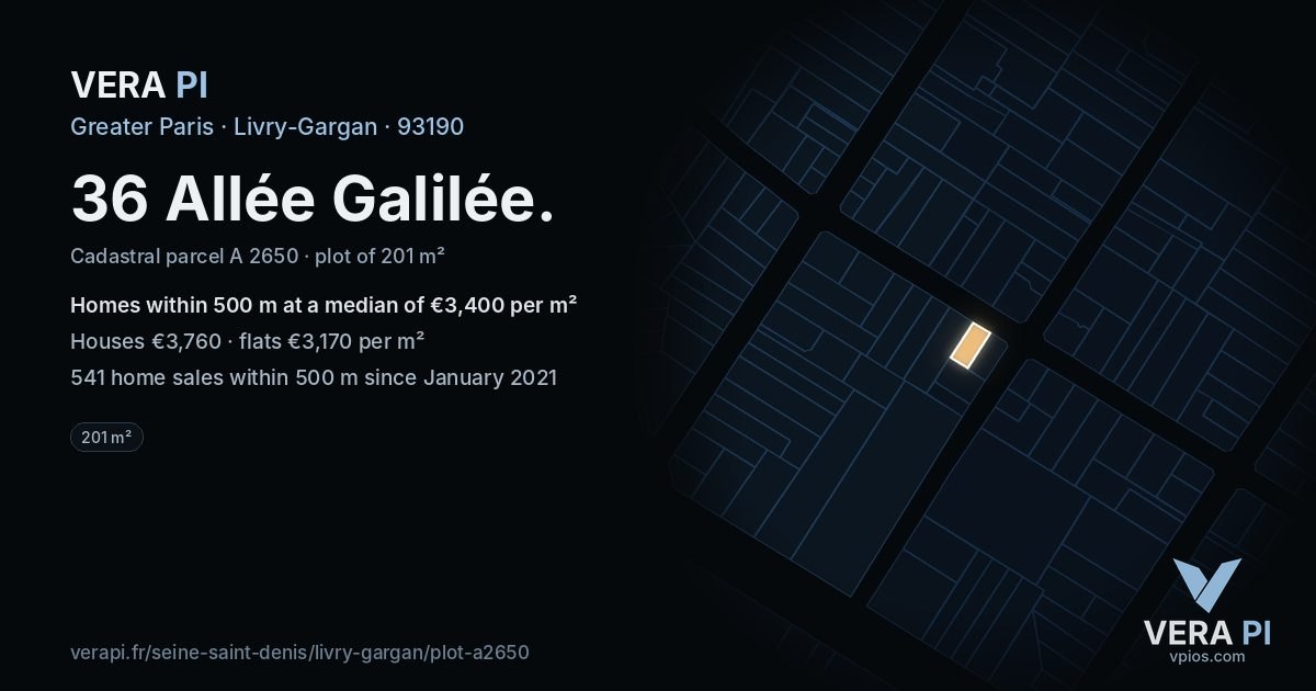 36 Allée Galilée, Livry-Gargan at night – the plot lit, the parcels around coloured by the prices near them