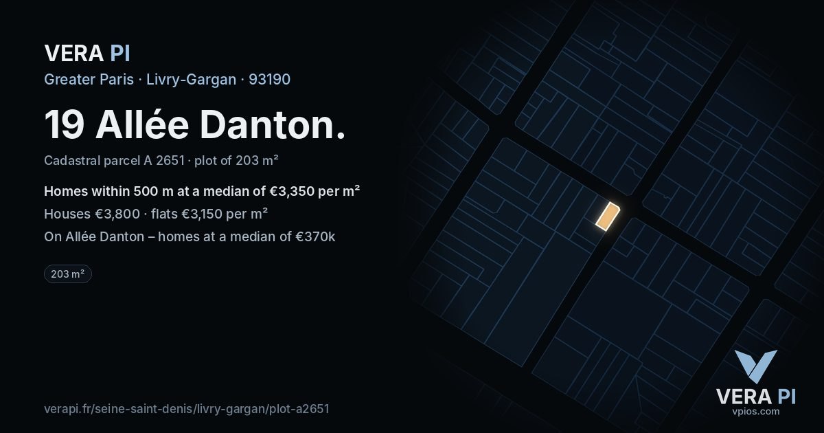 19 Allée Danton, Livry-Gargan at night – the plot lit, the parcels around coloured by the prices near them