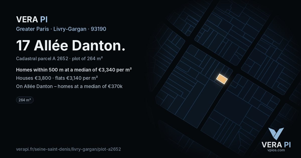 17 Allée Danton, Livry-Gargan at night – the plot lit, the parcels around coloured by the prices near them