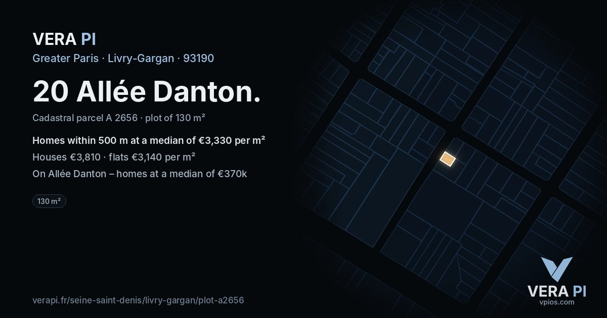 20 Allée Danton, Livry-Gargan at night – the plot lit, the parcels around coloured by the prices near them
