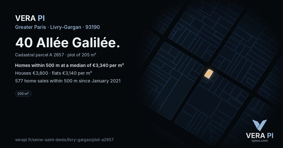 40 Allée Galilée, Livry-Gargan at night – the plot lit, the parcels around coloured by the prices near them