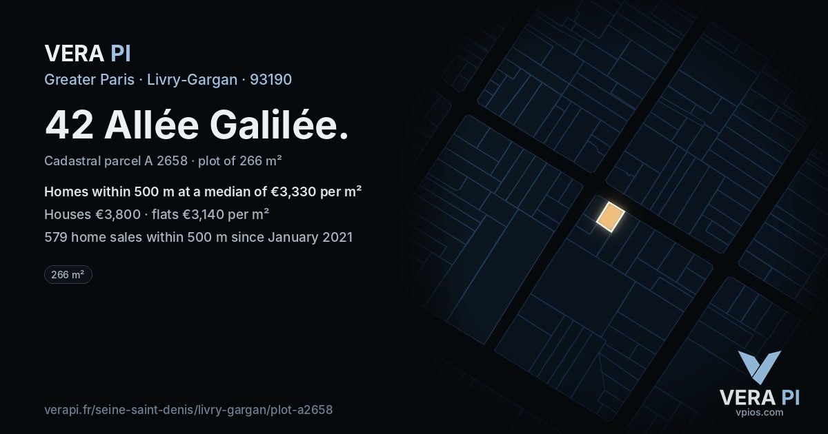 42 Allée Galilée, Livry-Gargan at night – the plot lit, the parcels around coloured by the prices near them