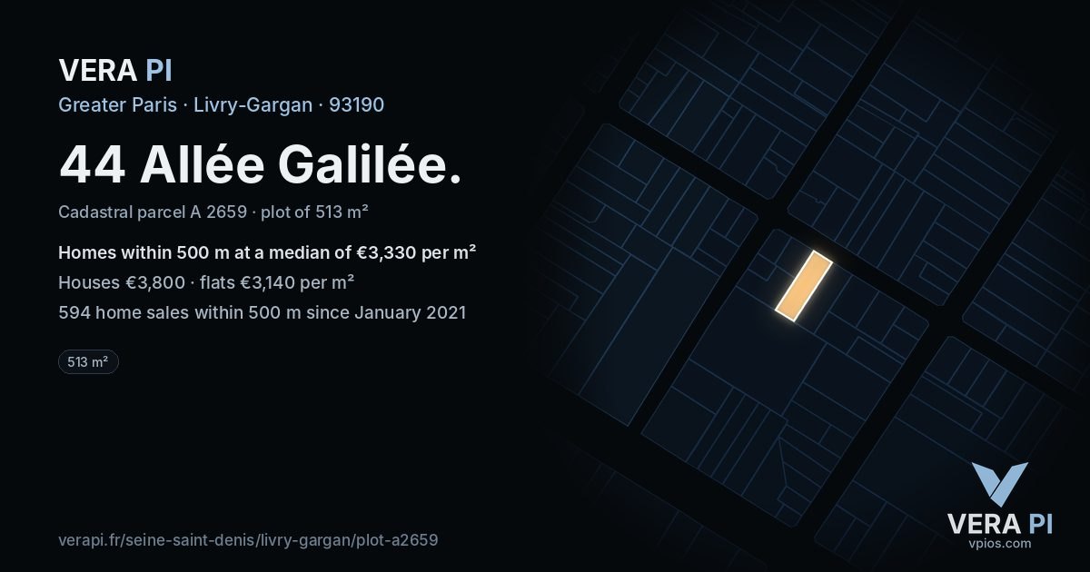 44 Allée Galilée, Livry-Gargan at night – the plot lit, the parcels around coloured by the prices near them