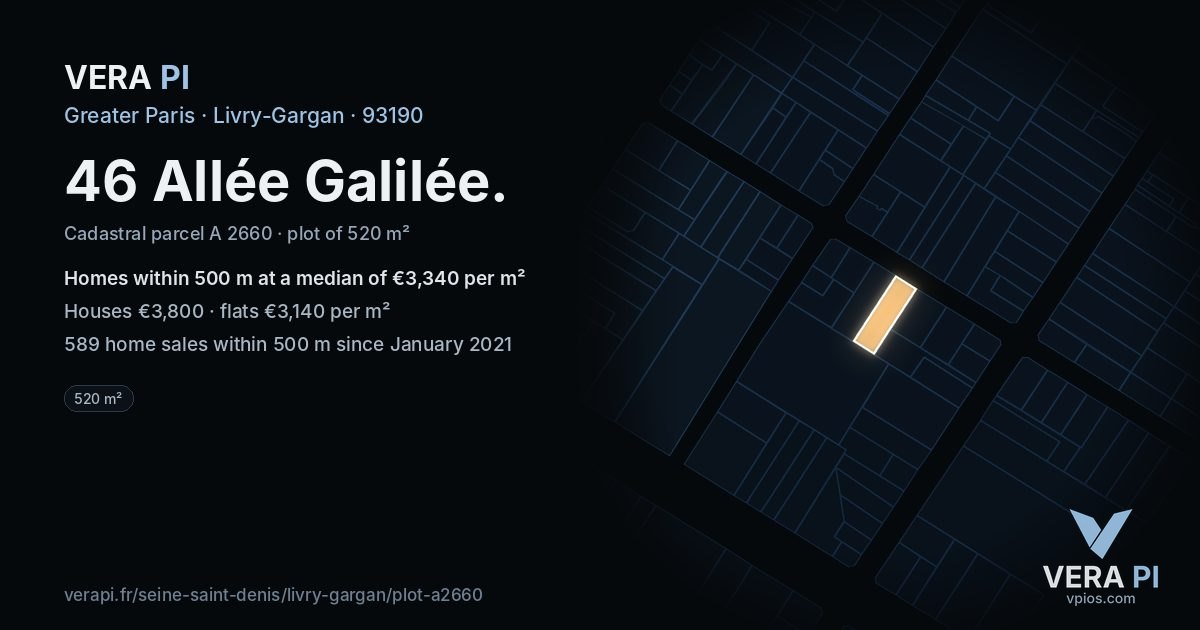 46 Allée Galilée, Livry-Gargan at night – the plot lit, the parcels around coloured by the prices near them