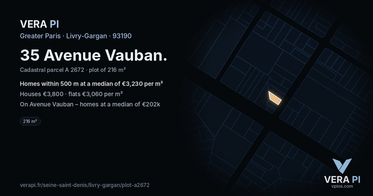 35 Avenue Vauban, Livry-Gargan at night – the plot lit, the parcels around coloured by the prices near them