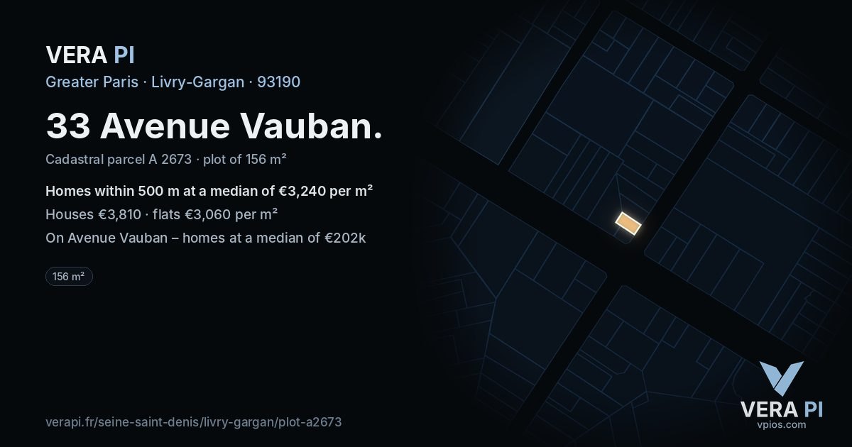 33 Avenue Vauban, Livry-Gargan at night – the plot lit, the parcels around coloured by the prices near them