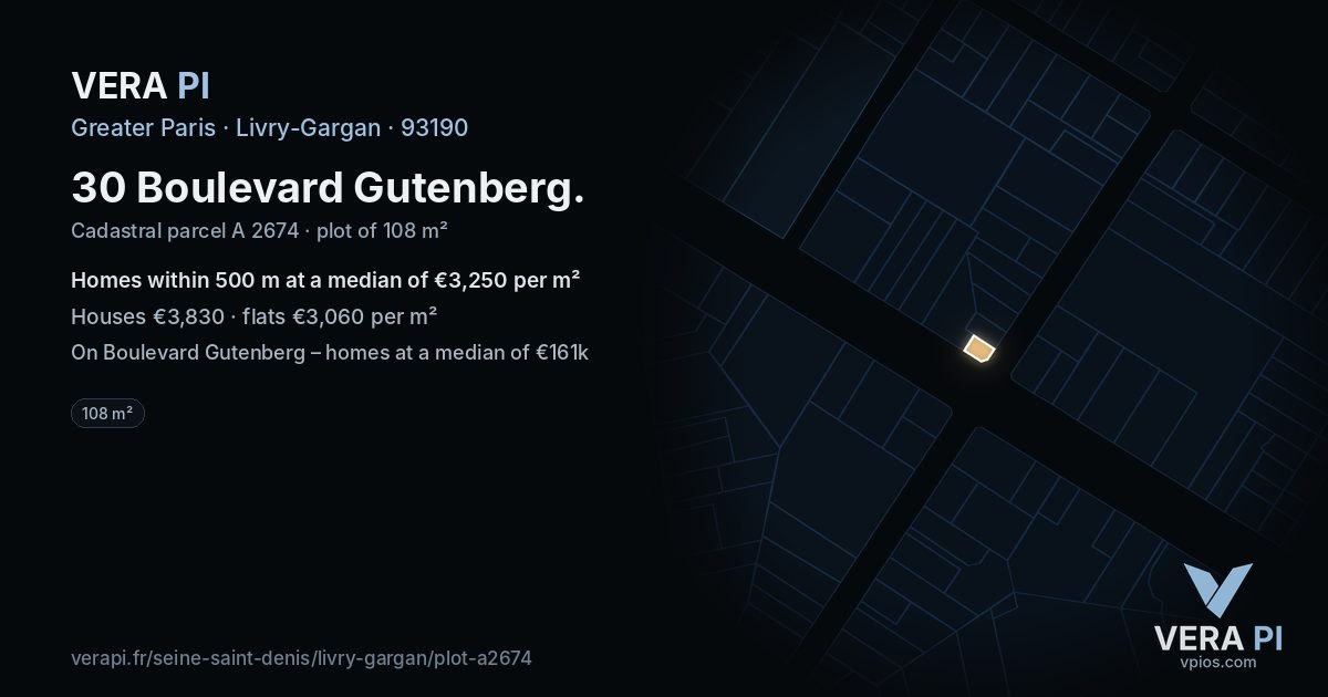 30 Boulevard Gutenberg, Livry-Gargan at night – the plot lit, the parcels around coloured by the prices near them