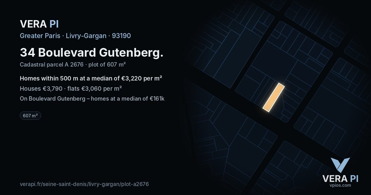 34 Boulevard Gutenberg, Livry-Gargan at night – the plot lit, the parcels around coloured by the prices near them