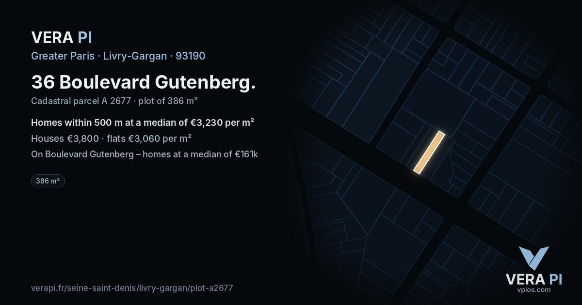 36 Boulevard Gutenberg, Livry-Gargan at night – the plot lit, the parcels around coloured by the prices near them