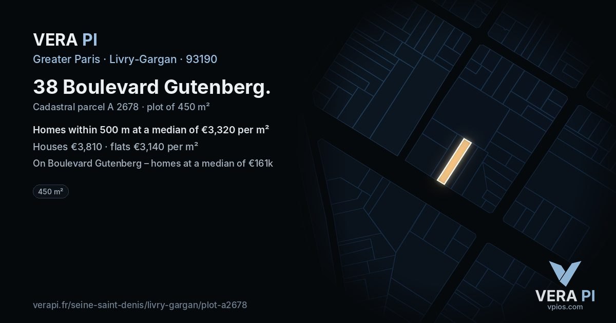 38 Boulevard Gutenberg, Livry-Gargan at night – the plot lit, the parcels around coloured by the prices near them