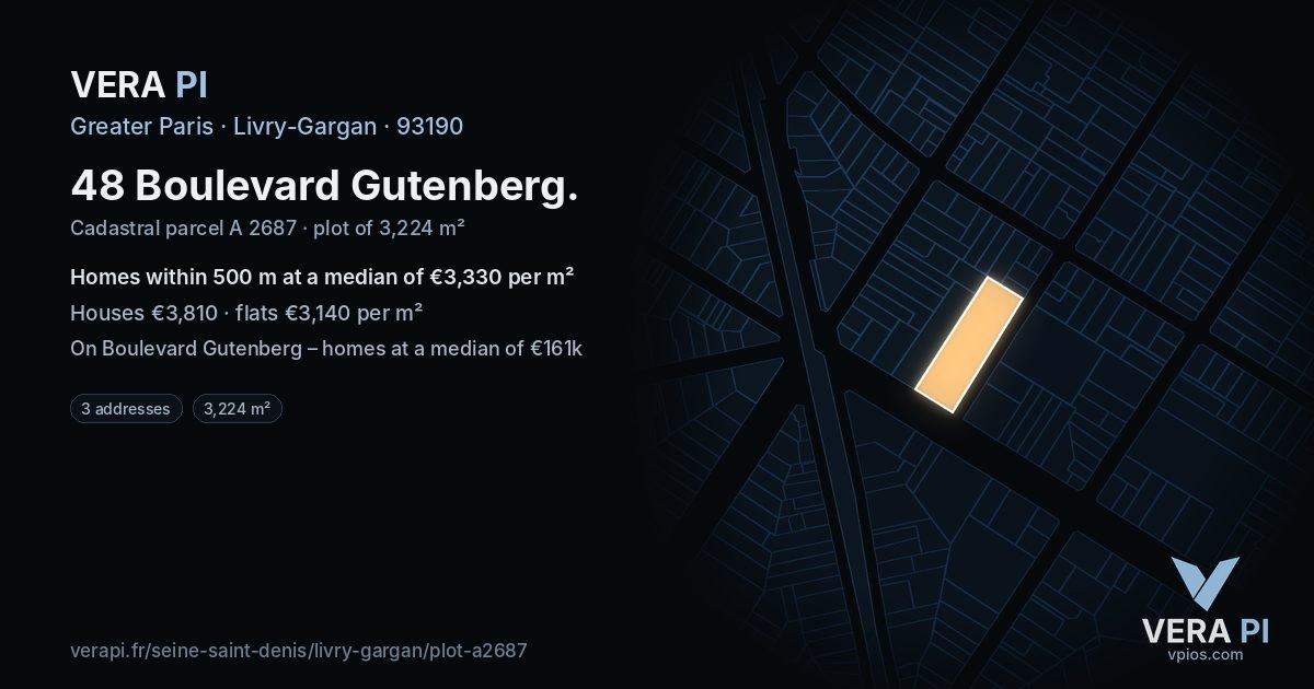 48 Boulevard Gutenberg, Livry-Gargan at night – the plot lit, the parcels around coloured by the prices near them