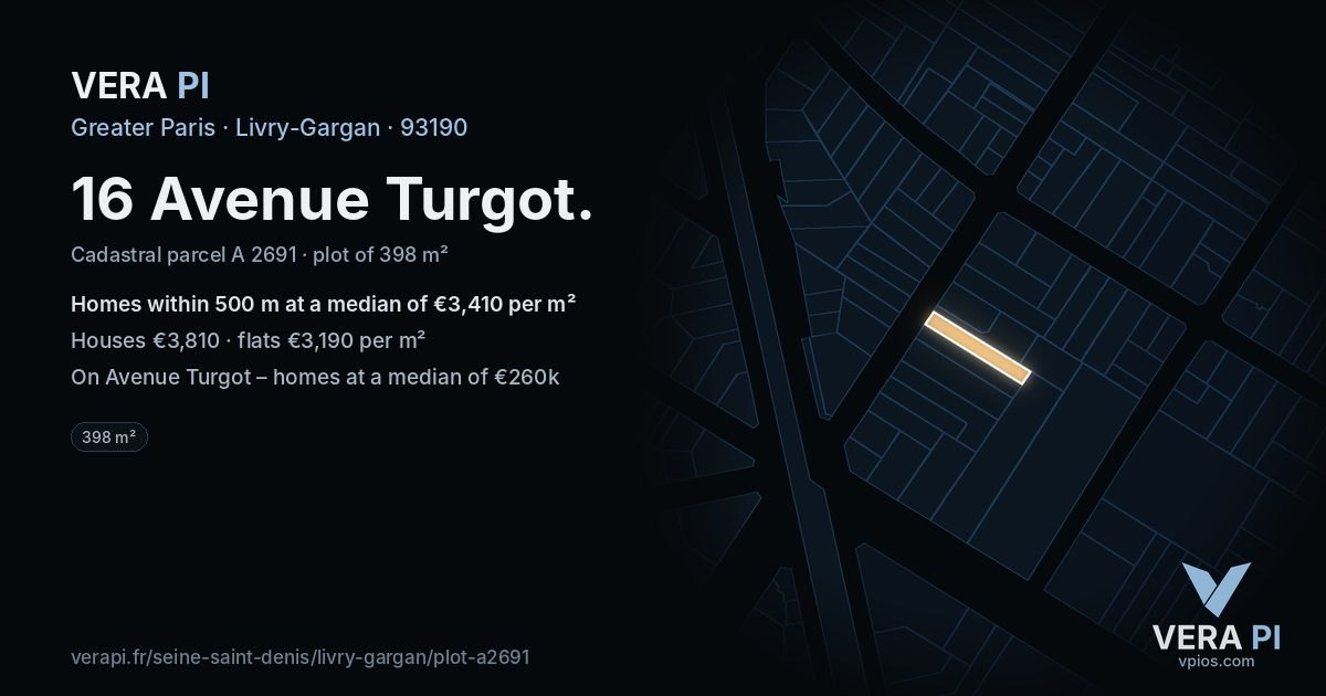 16 Avenue Turgot, Livry-Gargan at night – the plot lit, the parcels around coloured by the prices near them