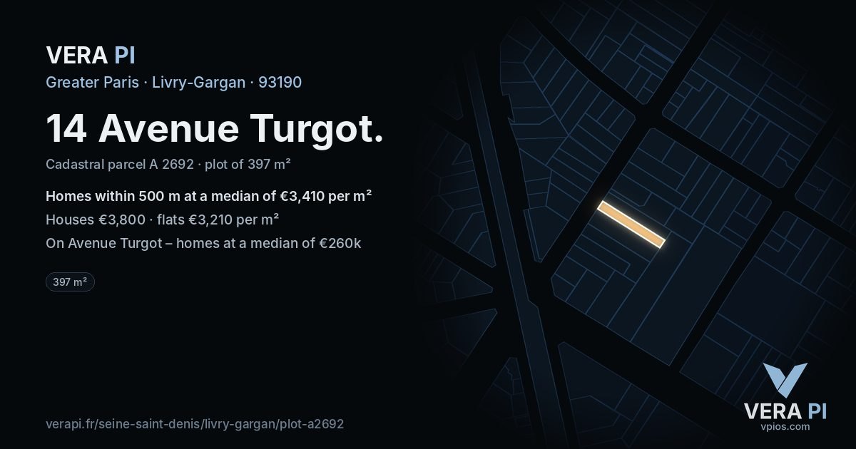 14 Avenue Turgot, Livry-Gargan at night – the plot lit, the parcels around coloured by the prices near them
